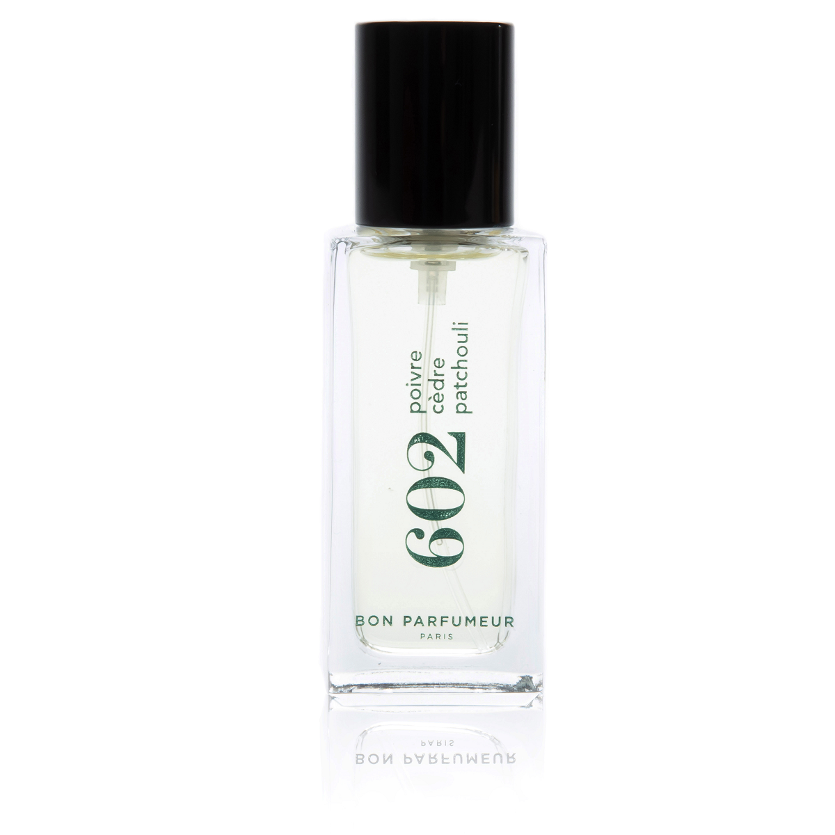 Bon Parfumeur 602 Pepper – klares Glasfläschchen mit schwarzem Sprühkopf, weißem Hintergrund – Parfüm