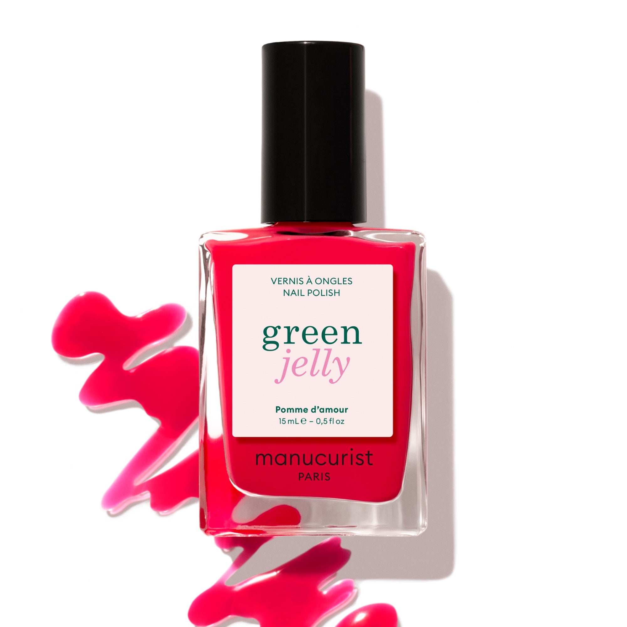 Manucurist Green Jelly nail polish in pink with black cap on white background, nail care