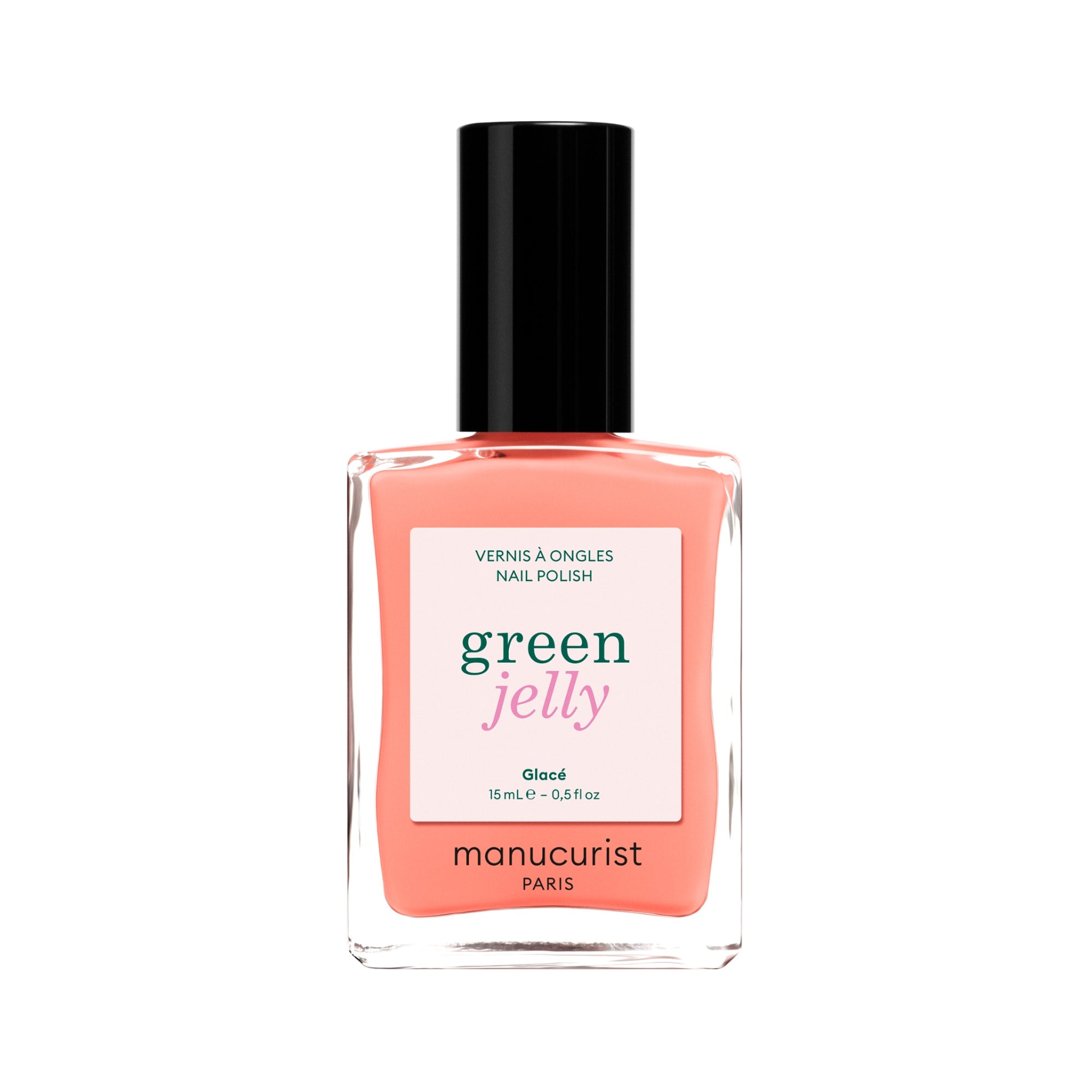 Manucurist Green Jelly Nagellack Glacé in Glasflasche mit schwarzem Verschluss auf weißem Grund, Nagellack