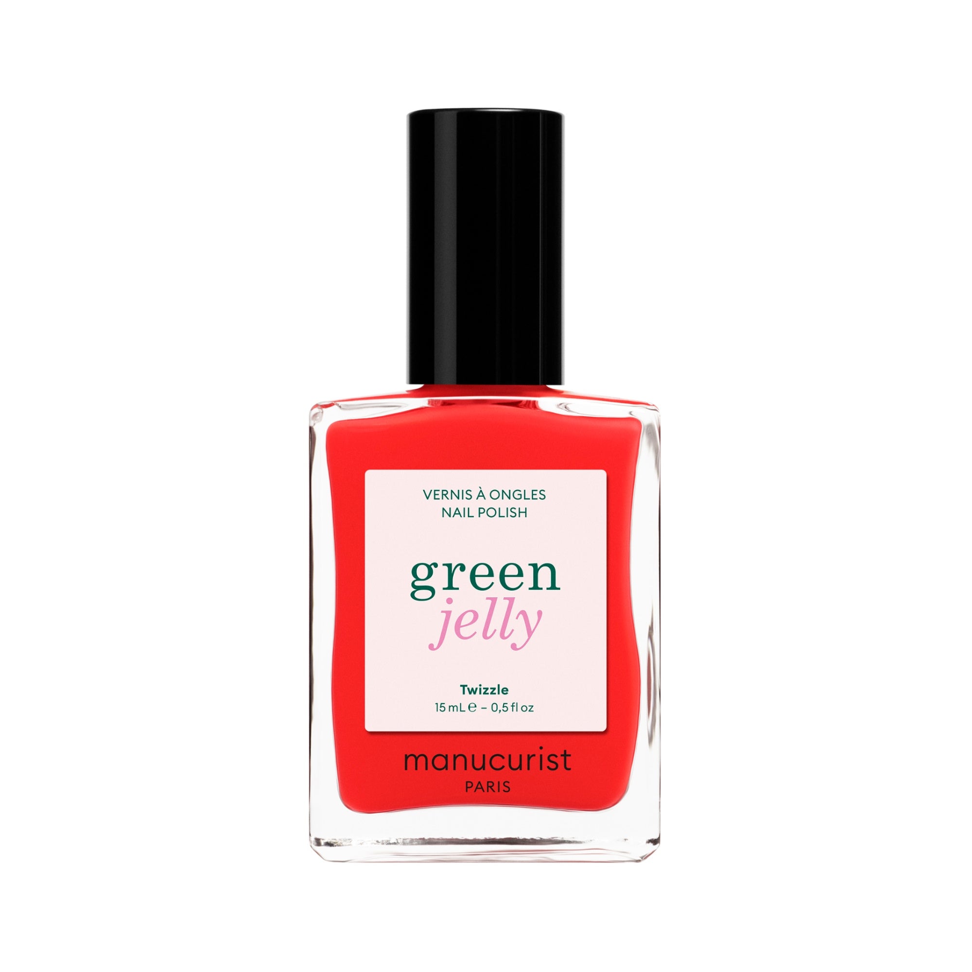 Manucurist Green Jelly Nagellack in Rot, ,Flasche mit schwarzem Verschluss auf weißem Grund, 15 ml Nagellack