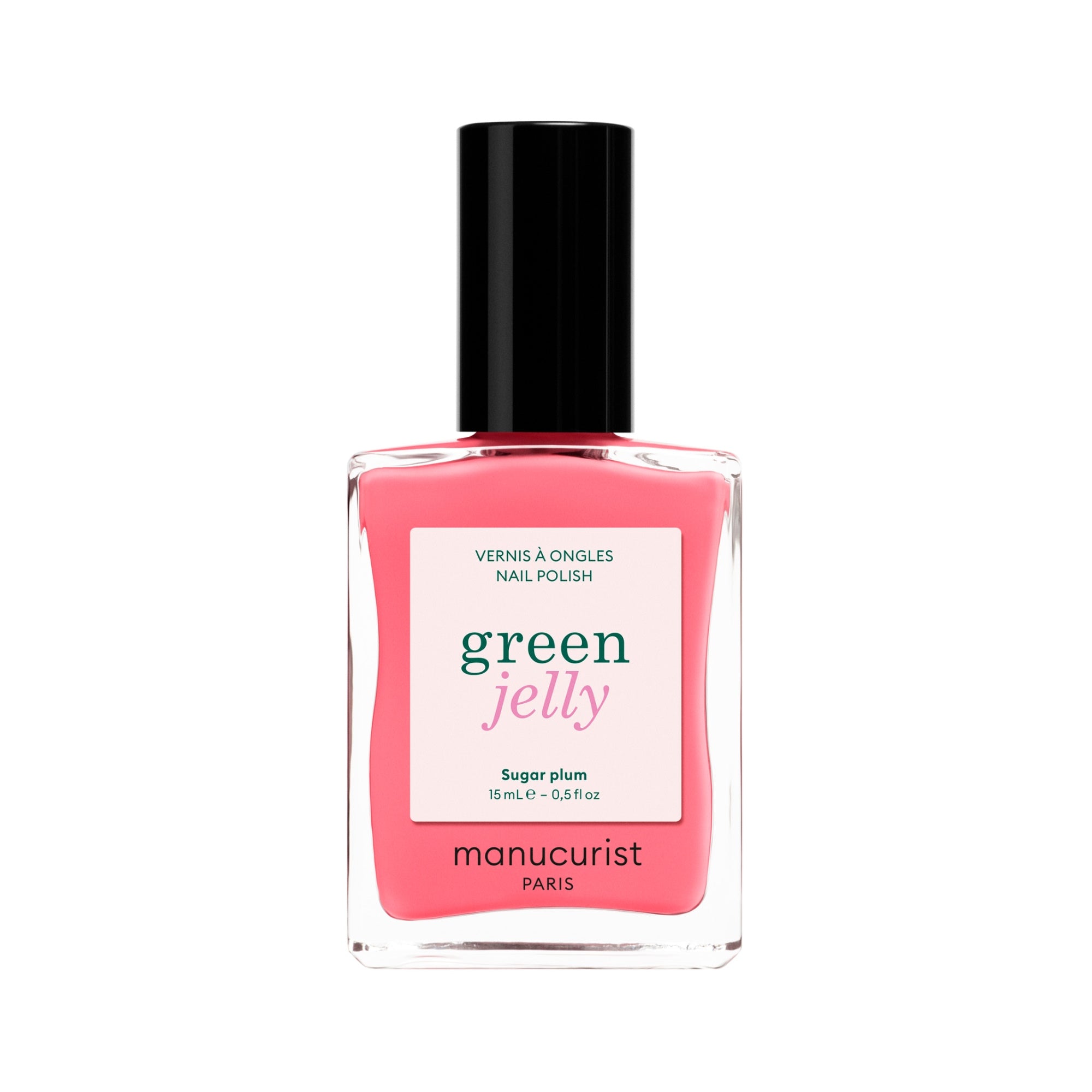 Manucurist Green Jelly Nagellack in Pink, Glasflasche mit schwarzem Verschluss auf weißem Grund, 15ml Nagellack