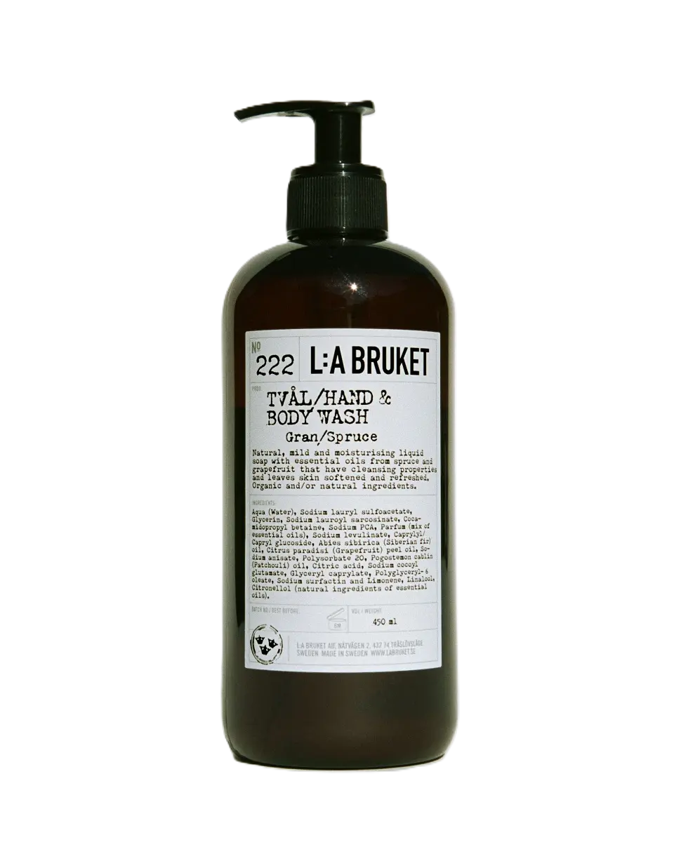 L:A BRUKET No. 222 Tvål/Hand & Body Wash Gran/Spruce – dunkle Flasche 450ml mit Pumpverschluss, weißer Hintergrund – Hautpflege