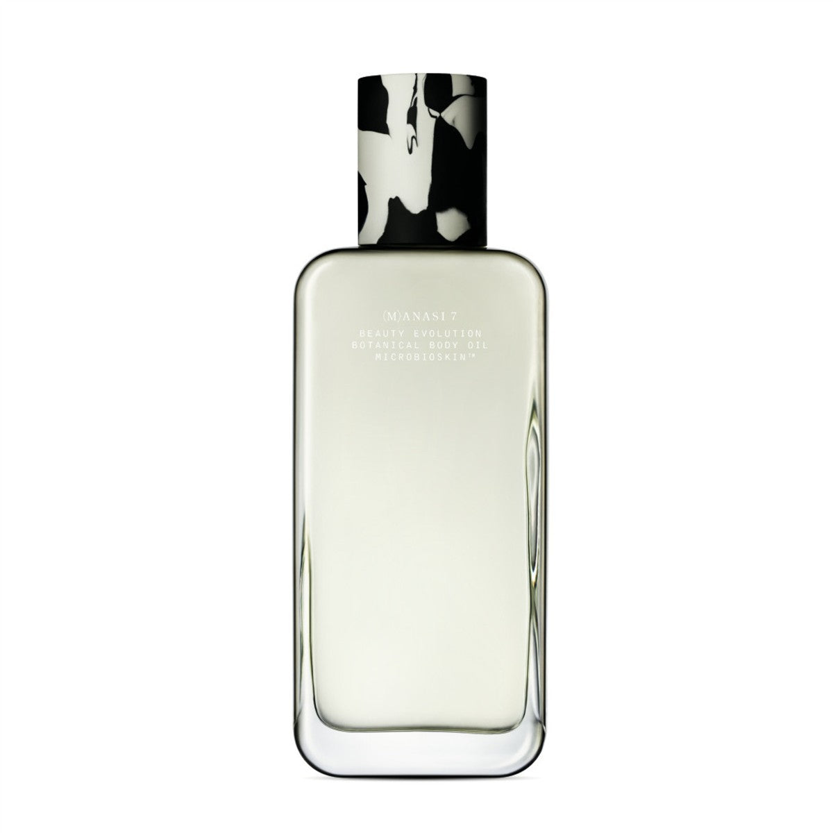 (M)ANASI 7 Botanical Body Oil Aoki – durchsichtige Glasflasche mit schwarz-weißem Musterdeckel, weißem Hintergrund – Körperpflege