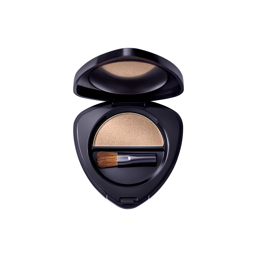 Eyeshadow 08 Golden Topaz – schwarze Dose mit goldfarbenem Lidschatten, weißer Hintergrund – Augenmake-up