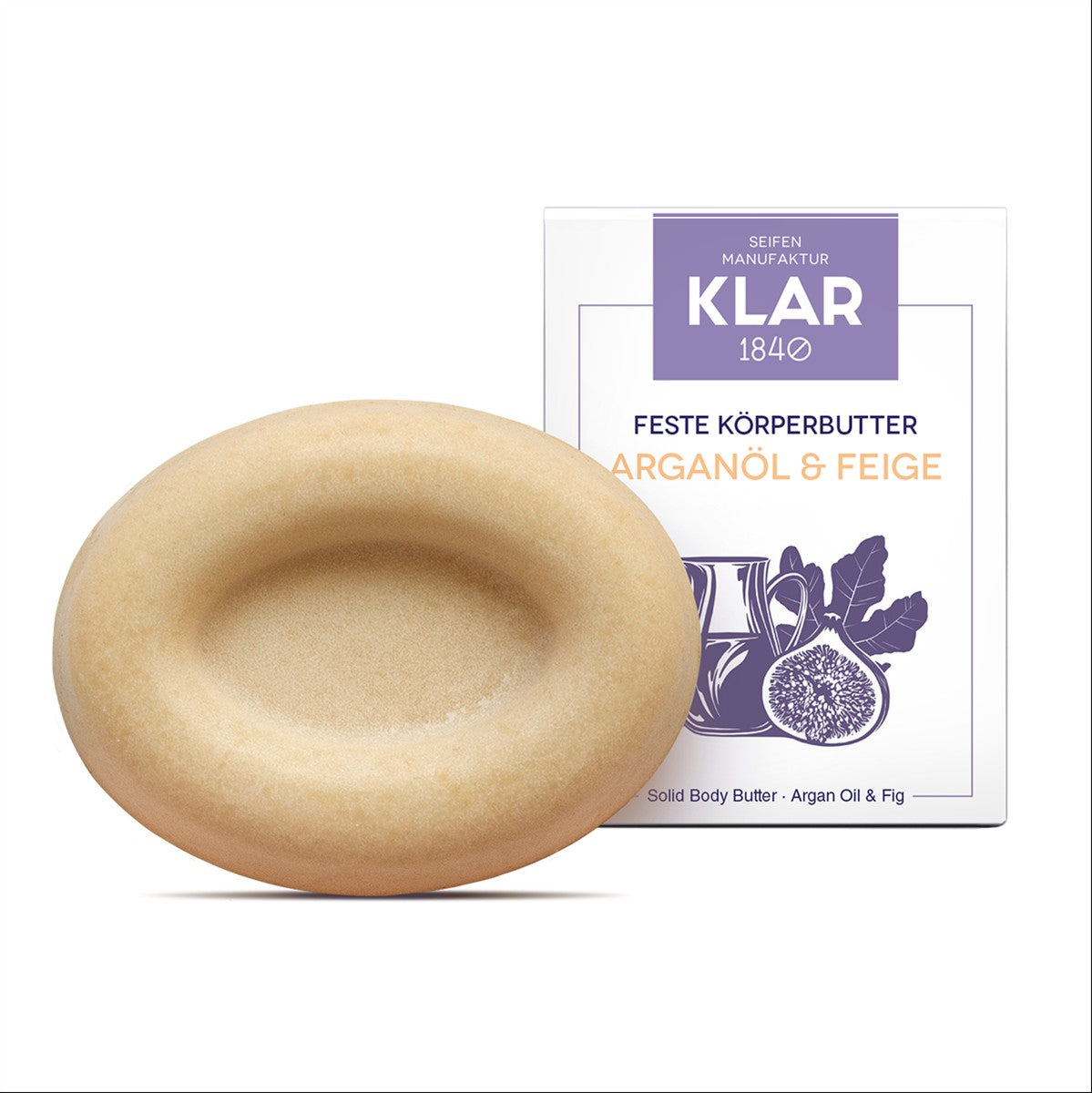 KLAR 1840 Feste Körperbutter Arganöl & Feige – cremefarbene festes Butterstück, weißer Hintergrund – Körperpflege