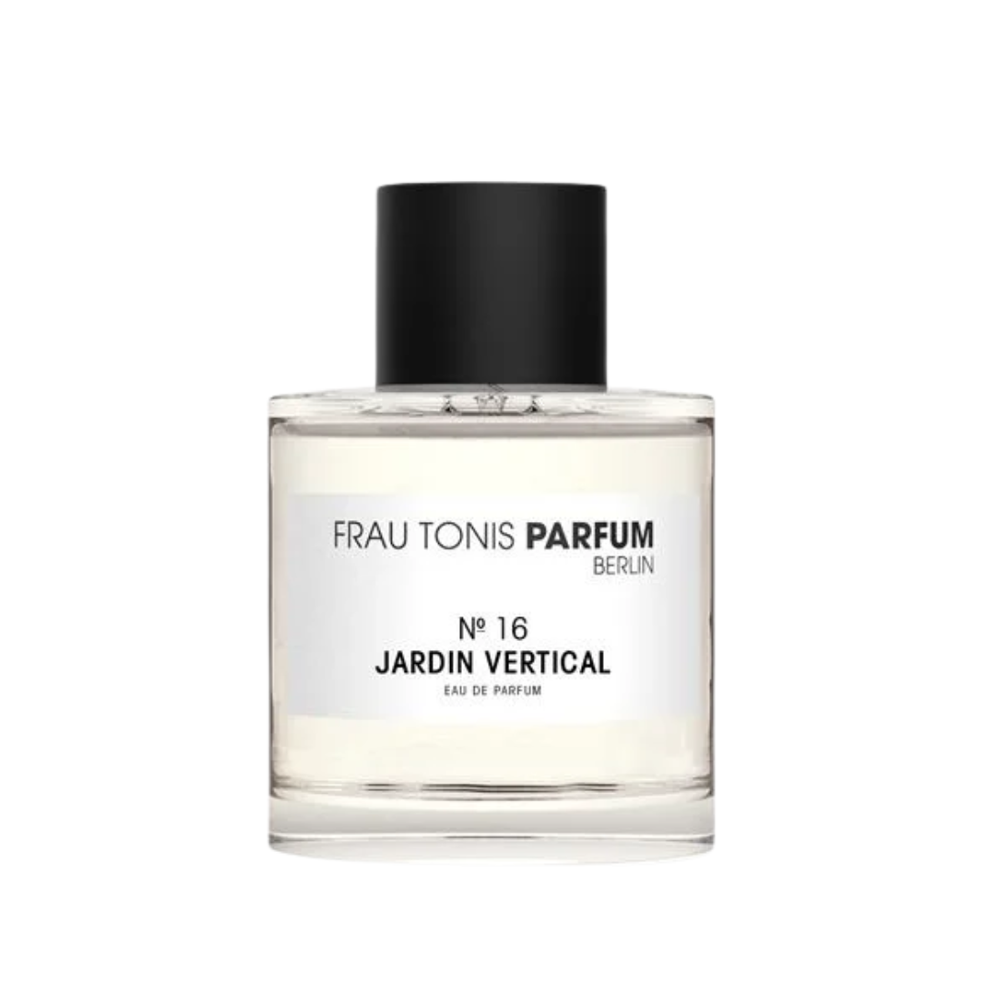 Frau Tonis Parfum N°16 Jardin Vertical – klares Glasflakon, schwarzer Deckel, weißer Hintergrund – Parfüm