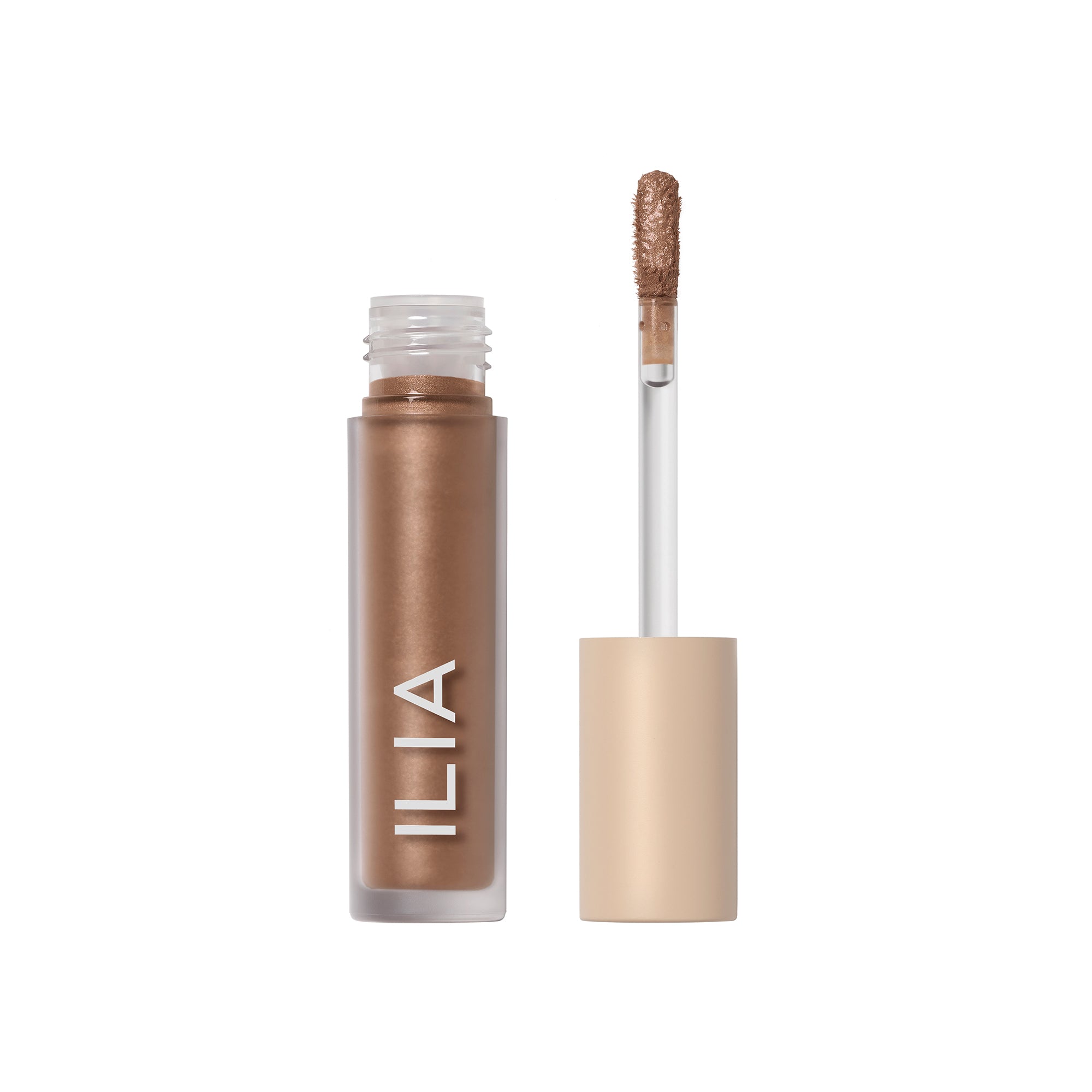 ILIA Liquid Powder Chromatic Eye Tint – clear tube with rose-gold liquid, beige cap, white background – eye makeup