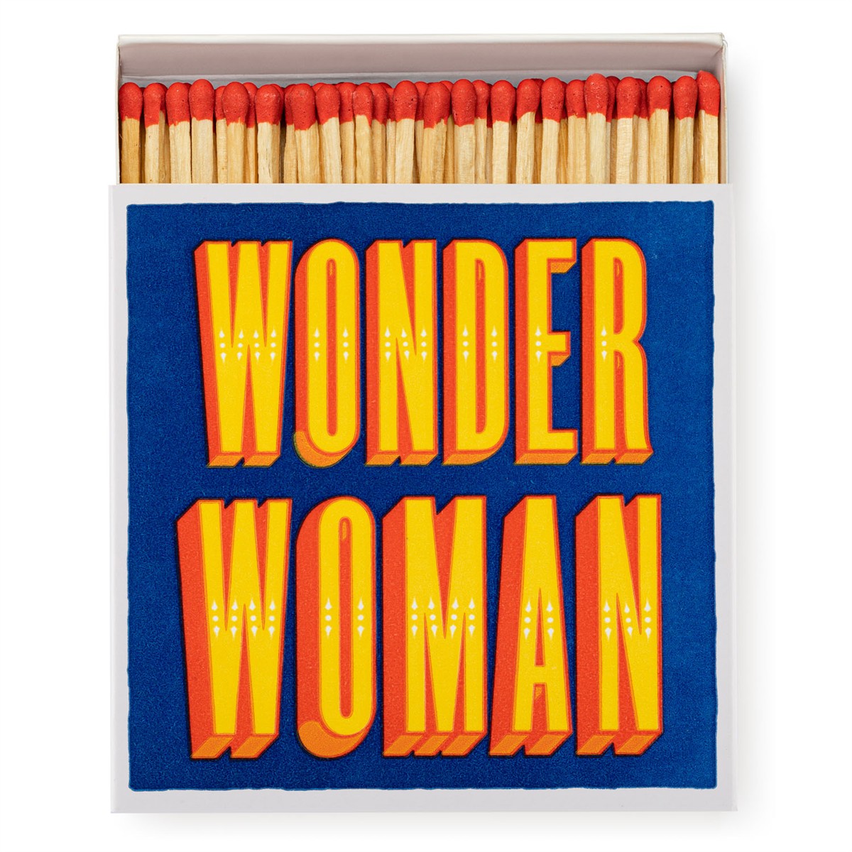 Wonder Woman Streichhölzer – blaue Schachtel mit gelb-orangen Buchstaben, rote Köpfe, weißer Hintergrund