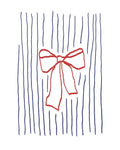 Postcard Bow with Stripes – red bow on blue striped background, white base – gift idea