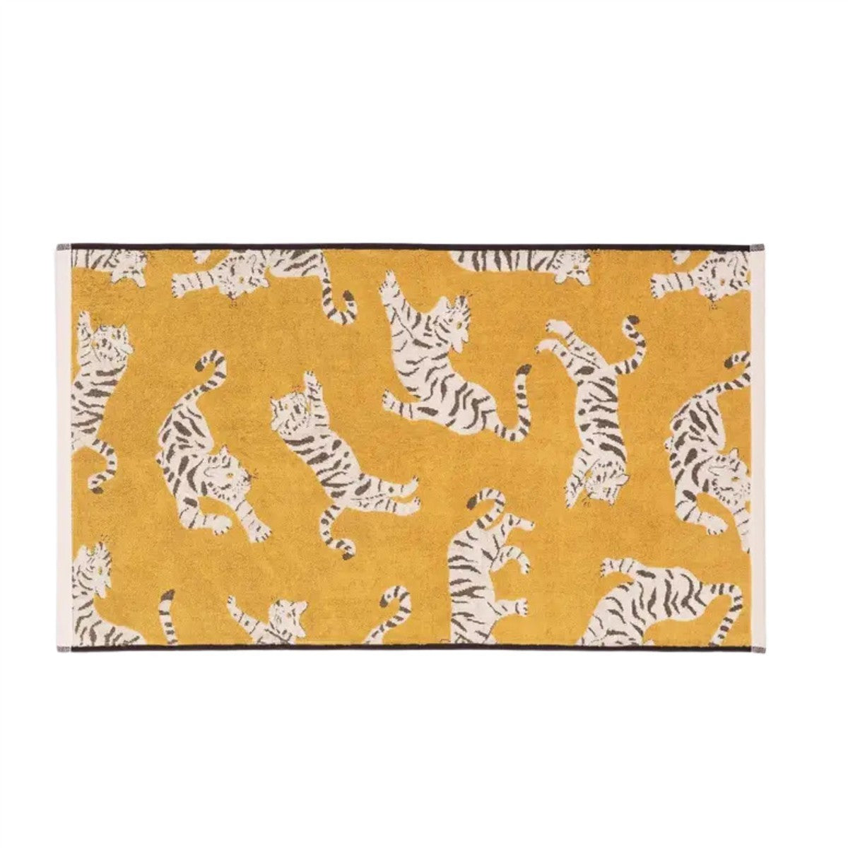Tigers Organic Cotton Hand Towel – mustard yellow with white tigers, white border, white background – bath accessories