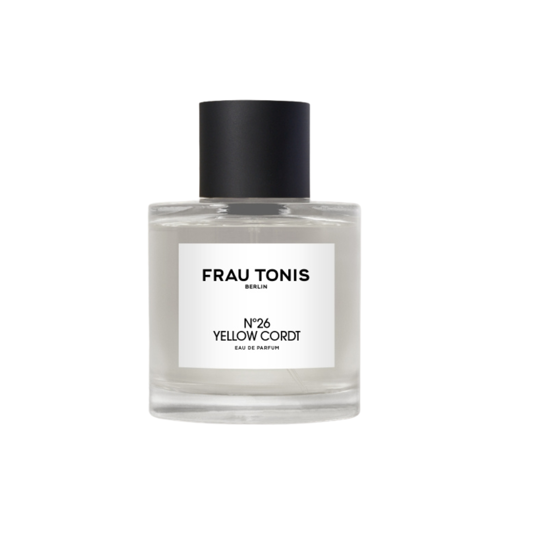 Frau Tonis N°26 Yellow Cordt Eau de Parfum – klares Glasflakon, schwarzer Deckel, weißer Hintergrund – Parfüm