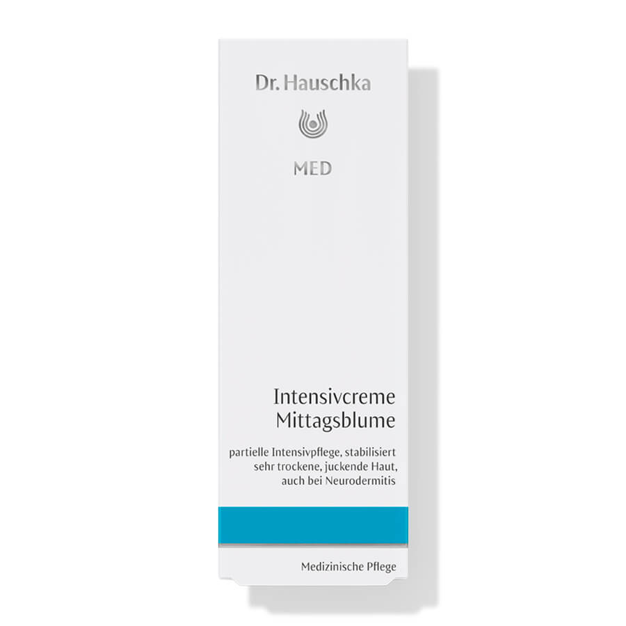 Dr. Hauschka MED Intensivcreme Mittagsblume – weiße Kartonverpackung mit türkisem Streifen, weißer Hintergrund – Hautpflege