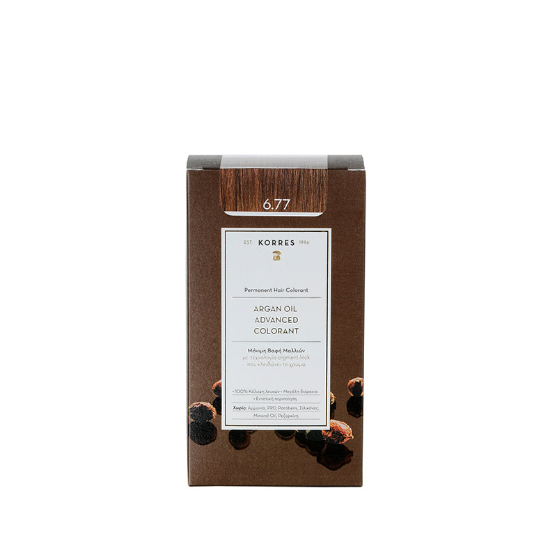 KORRES Argan Oil Advanced Colorant Gianduja 6.77 – braune Kartonverpackung, weißer Hintergrund – Haarfarbe