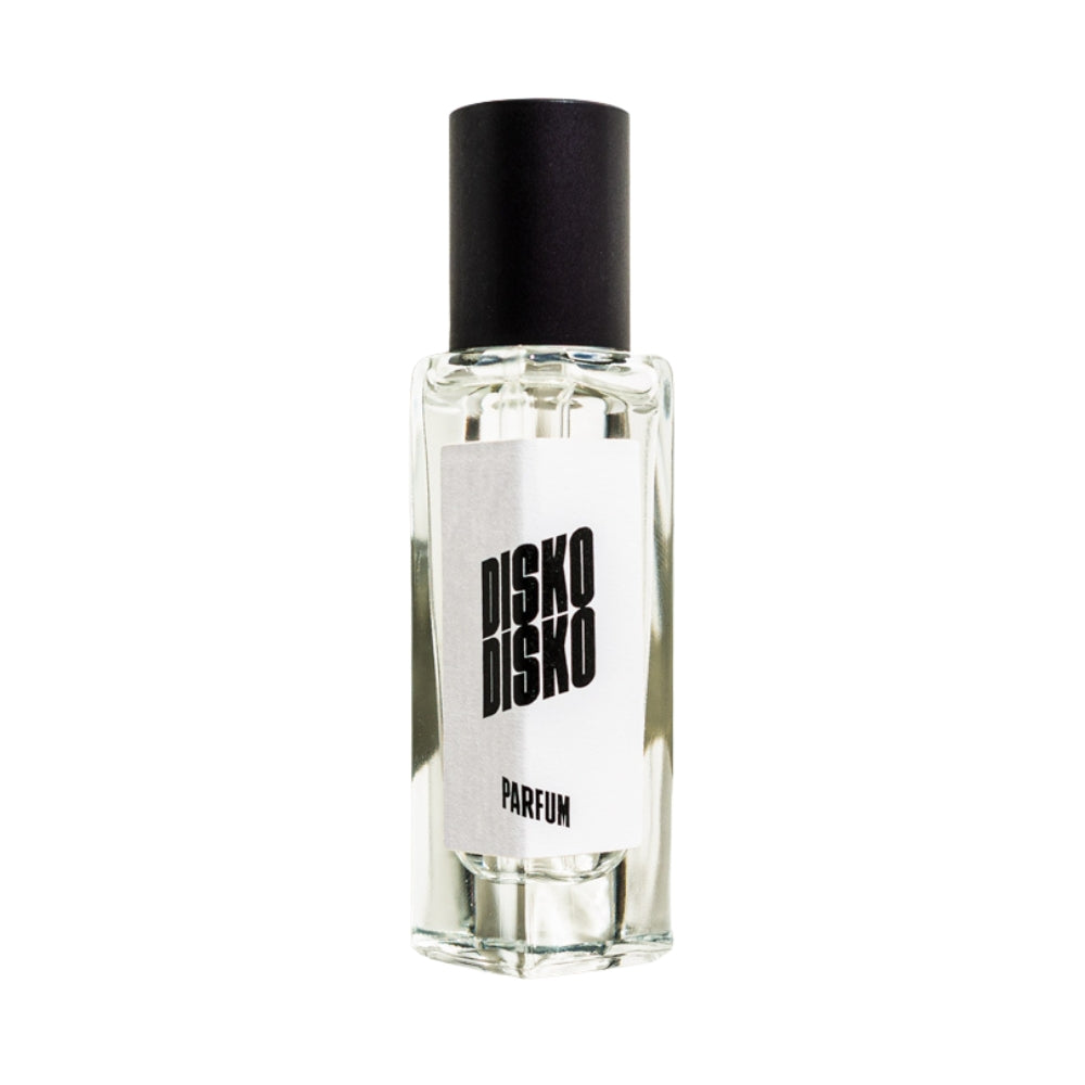 Disko Disko Parfum – klares Glasfläschchen 15ml, schwarzer Deckel, weißer Hintergrund – Parfüm