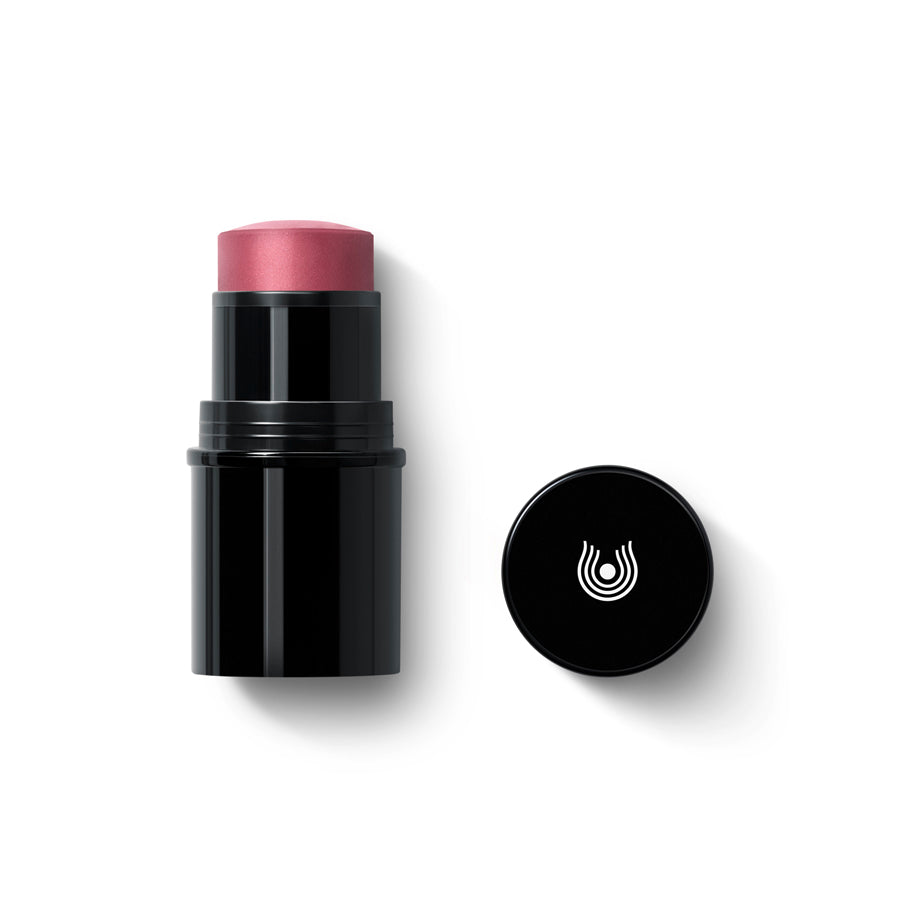 Lip to Cheek Blush Rosewood 03 – schwarzer Stift, rosafarbener Balsam, weißer Hintergrund – Gesichts Make-up