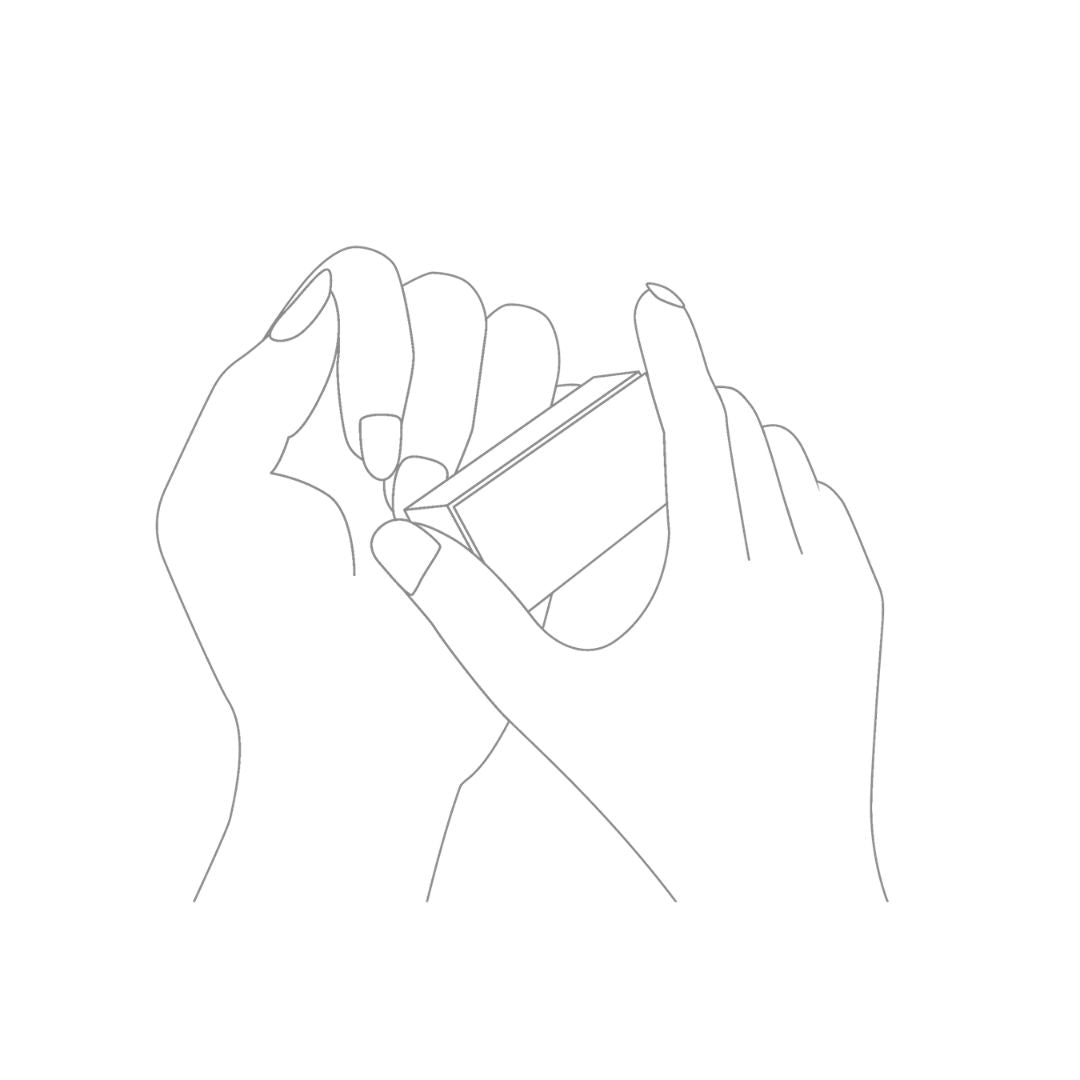 Block Buffer – minimalistische Linienzeichnung, Hände halten rechteckiges Objekt, weißer Hintergrund – Nagelpflege