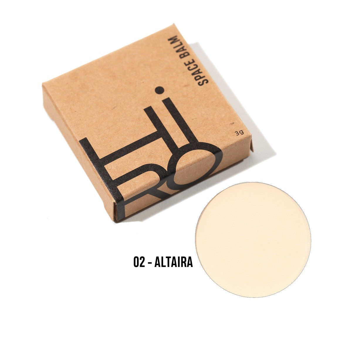Out of Space Balm #02 Altaira Nachfüllung – braune Kartonverpackung 3g, cremefarbener Balsam, weißer Hintergrund – Hautpflege