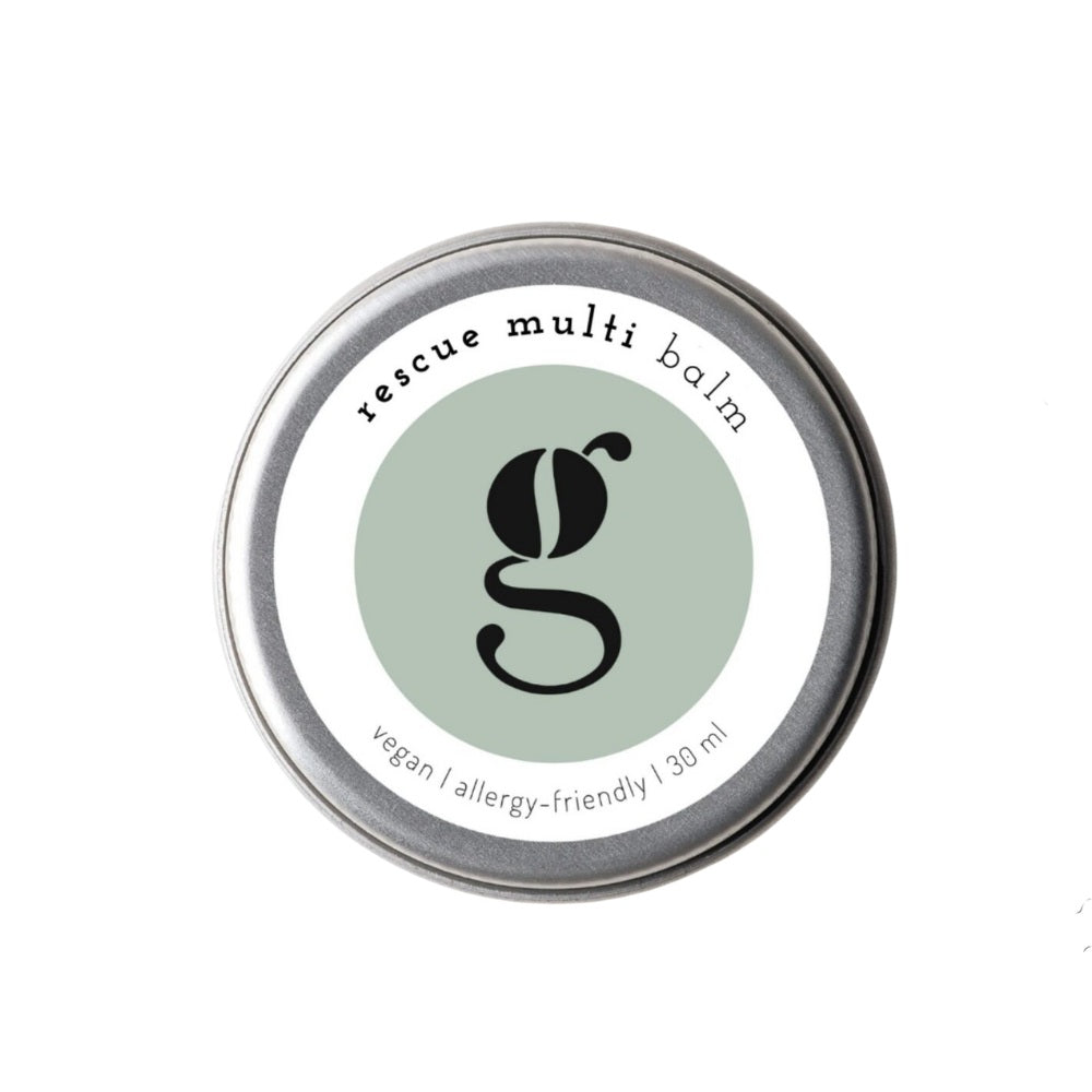 Rescue Multi Balm – silberner Metallbehälter 30ml, weißes Etikett mit grünem Logo, weißer Hintergrund – Hautpflege