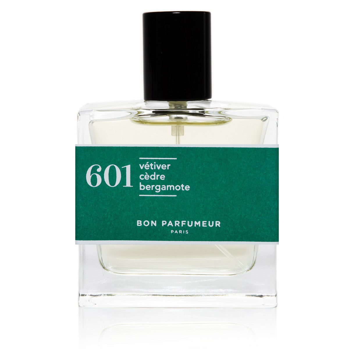 601 Vetiver Parfüm – klares Glasflakon 30ml, schwarzer Verschluss, grünes Etikett, weißer Hintergrund – Parfum