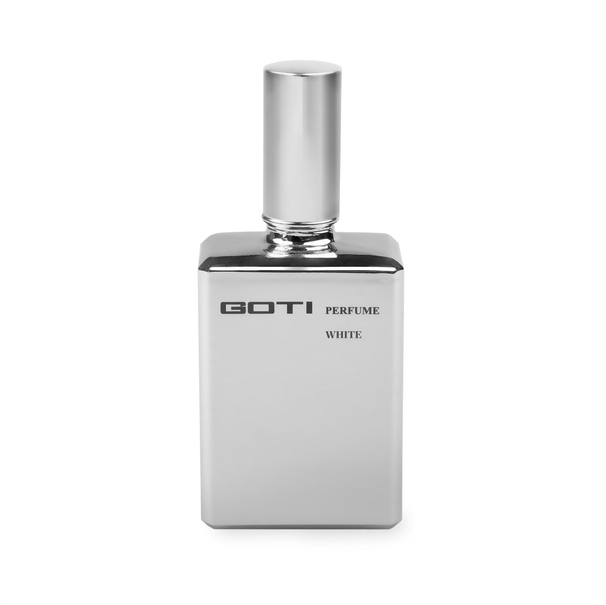 GOTI White Eau de Parfum – silberne Sprayflasche, glänzender Deckel, weißer Hintergrund – Parfüm