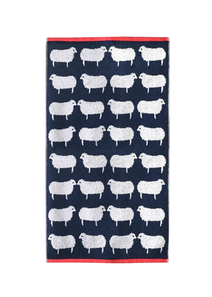 Sheep Organic Cotton Handtuch – dunkelblaues Handtuch mit weißen Schafen und rotem Rand, weißer Hintergrund – Badetextilien