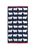 Sheep Organic Cotton Bath Towel – navy towel with white sheep and red border, white background – bath textiles