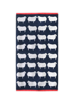 Sheep Organic Cotton Bath Towel – navy towel with white sheep and red border, white background – bath textiles