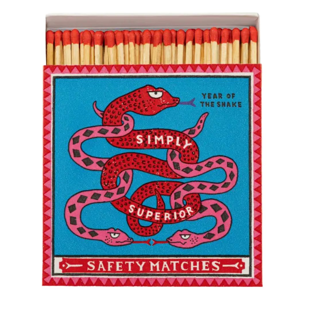 Year of the Snake Safety Matches – red box with blue snake design, white background – decor