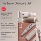 ILIA Travel Skincare Set – beige tubes and bottle, pink box, neutral background – skin care