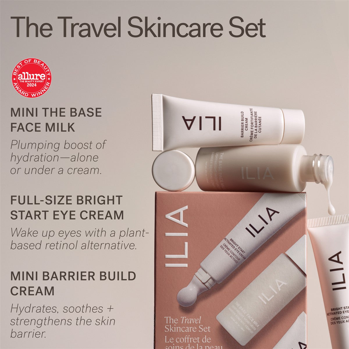 ILIA Travel Skincare Set – beige tubes and bottle, pink box, neutral background – skin care