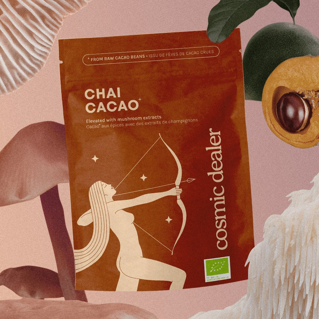 Cosmic Dealer Chai Cacao – braune Standbeutelverpackung mit Bogenschützin, rosafarbener Hintergrund – Gesichtspflege