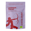 Cosmic Dealer Lavender Cacao – lila Beutel mit rotem Design, Bio-Siegel, weißem Hintergrund – Gesundheitsgetränk