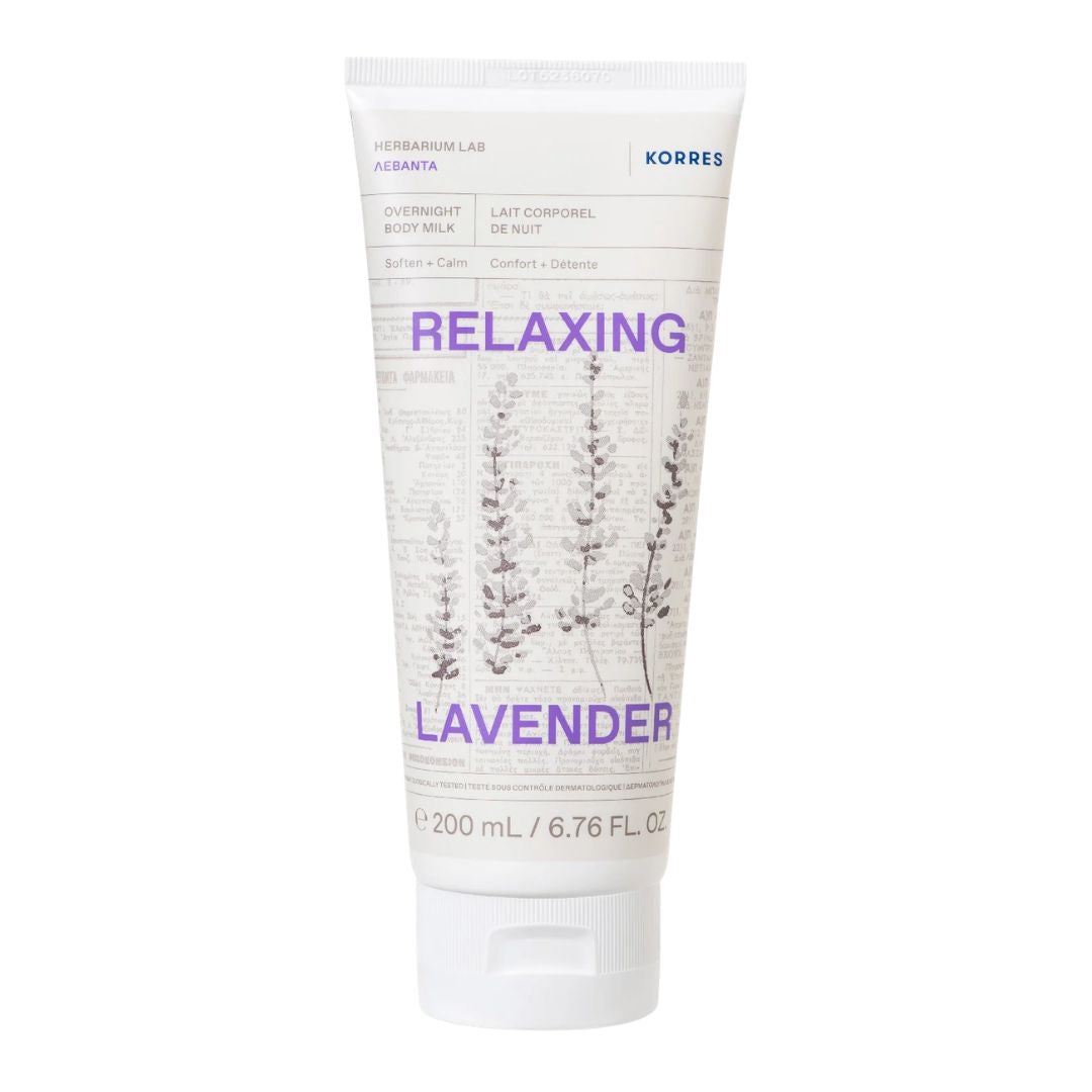KORRES Relaxing Lavender Overnight Body Milk – weiße Tube 200ml, weißer Deckel, weißer Hintergrund – Körperpflege