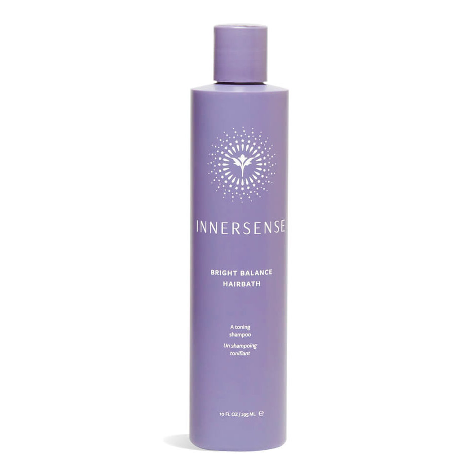 Innersense Bright Balance Hairbath – lila Flasche 295ml, passender Deckel, weißer Hintergrund – Haarpflege