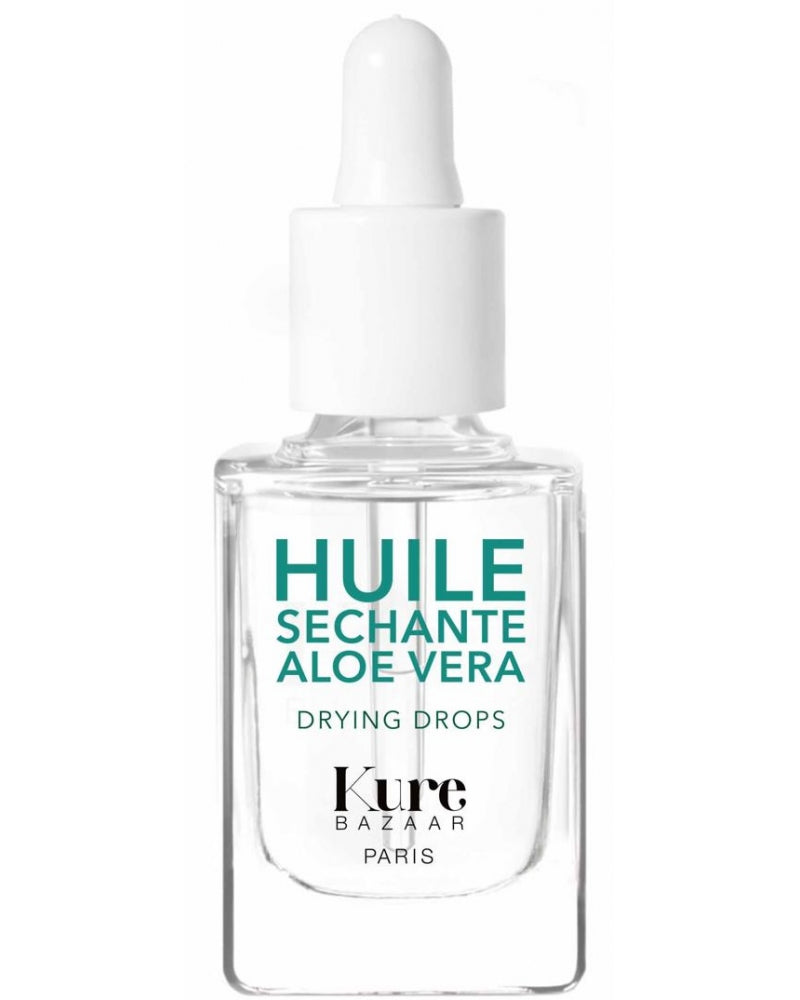 Kure Bazaar Huile Sechante Aloe Vera – klares Glasfläschchen mit weißem Tropfverschluss, weißem Hintergrund – Nagelpflege