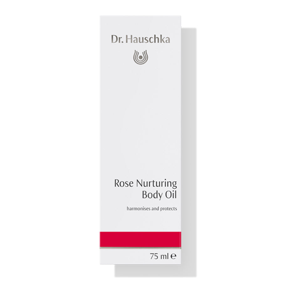 Dr. Hauschka Rosen Pflegeöl – weißes Karton 75ml, roter Streifen, weißer Hintergrund – Körperpflege