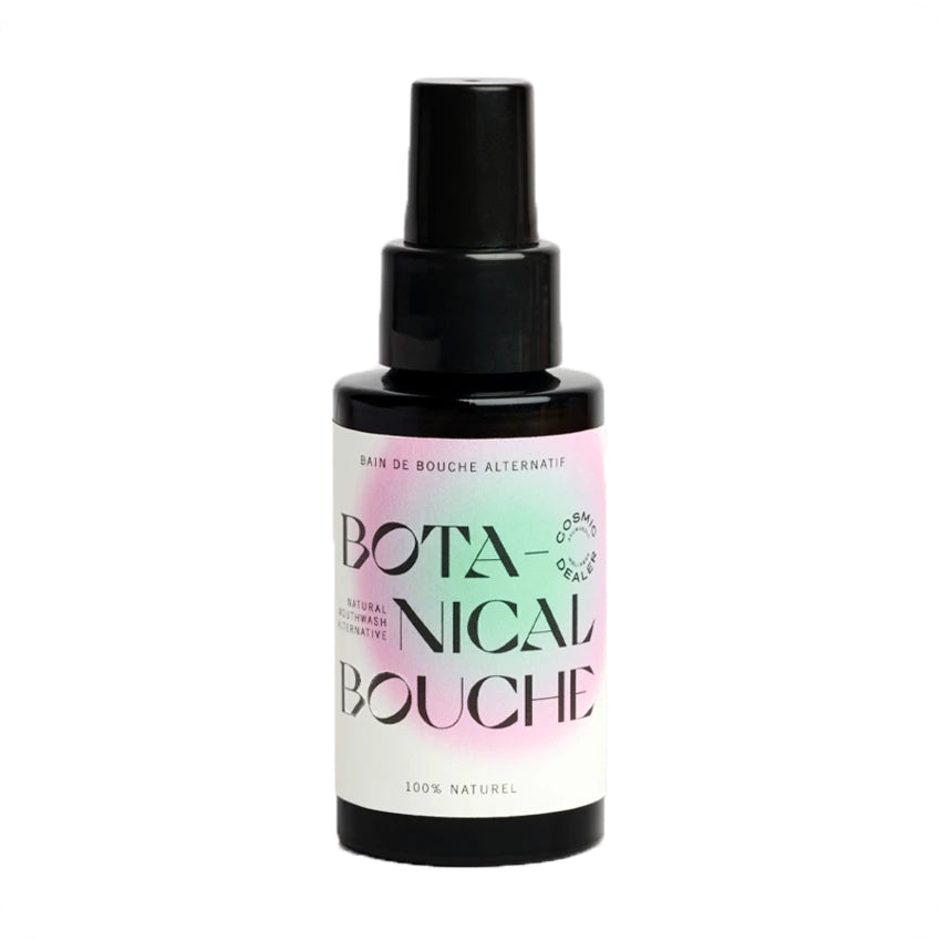 Botanical Bouche Mundpflege-Spray – schwarze Flasche mit Sprühkopf, pastellfarbenes Etikett, weißer Hintergrund – Mundpflege