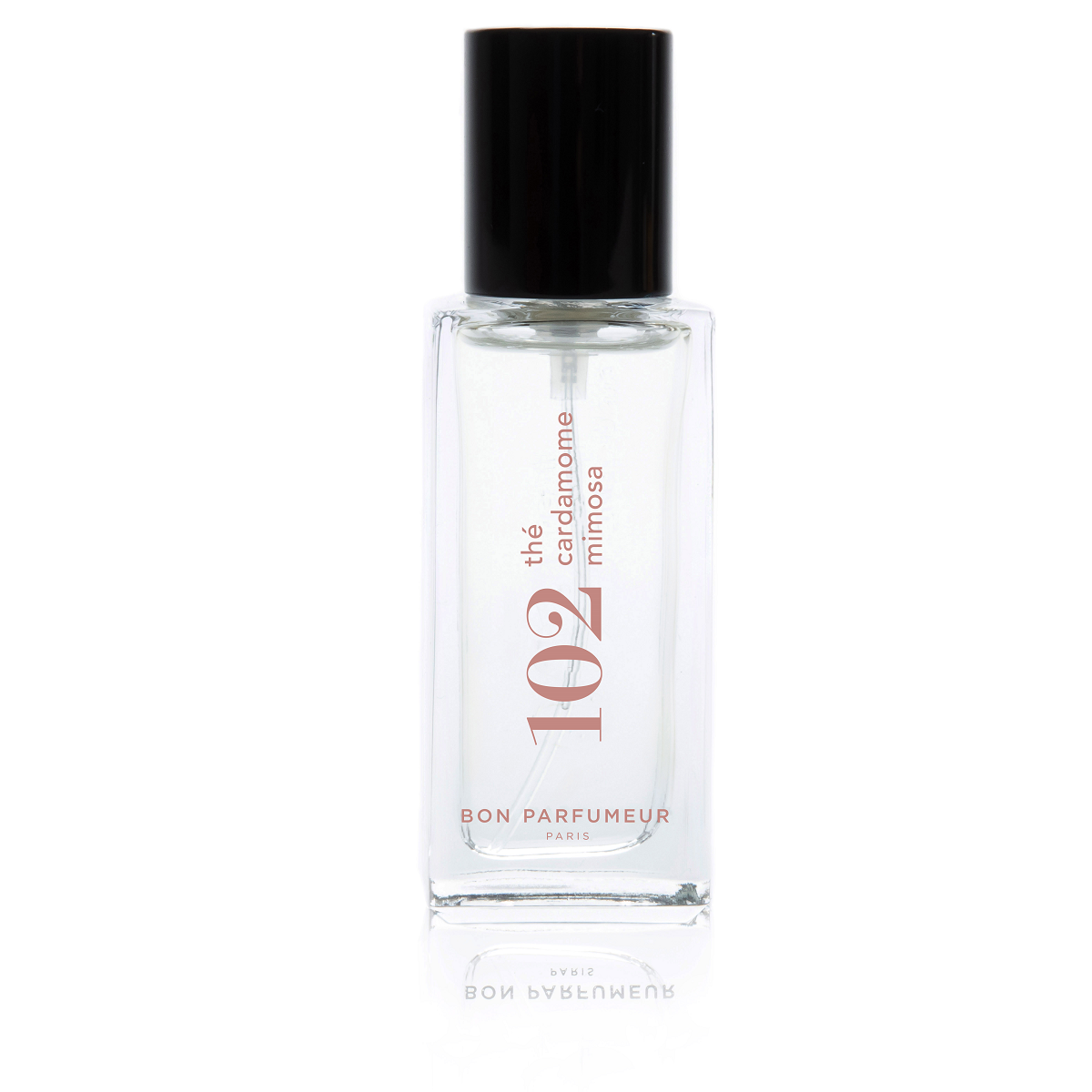 Bon Parfumeur 102 Tee Parfüm – klares Glasfläschchen mit schwarzem Sprühkopf, weißem Hintergrund – Parfüm