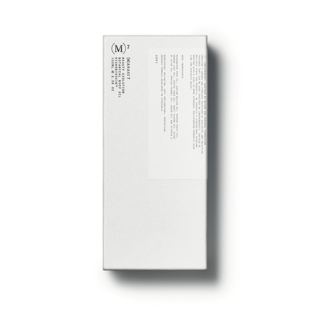 Botanical Body Oil Aoki von (M)7 – weißes Kartonpaket 100ml, minimalistisches Design auf weißem Hintergrund – Körperpflege