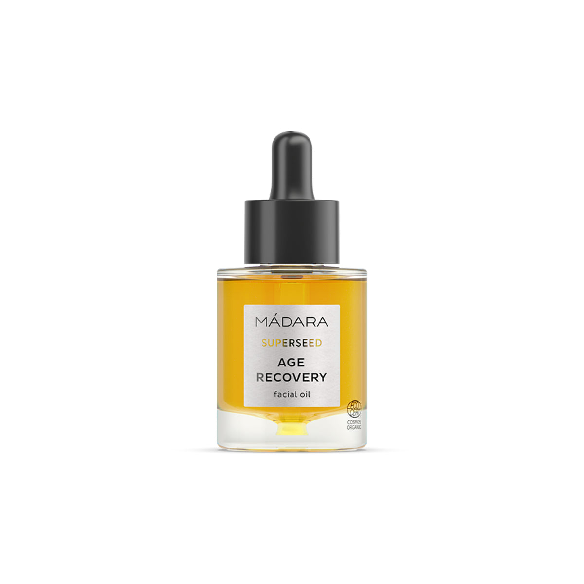 Mádara Superseed Beauty Oil Age Recovery Gesichtsöl in einer Glasflasche mit Pipettenverschluss.