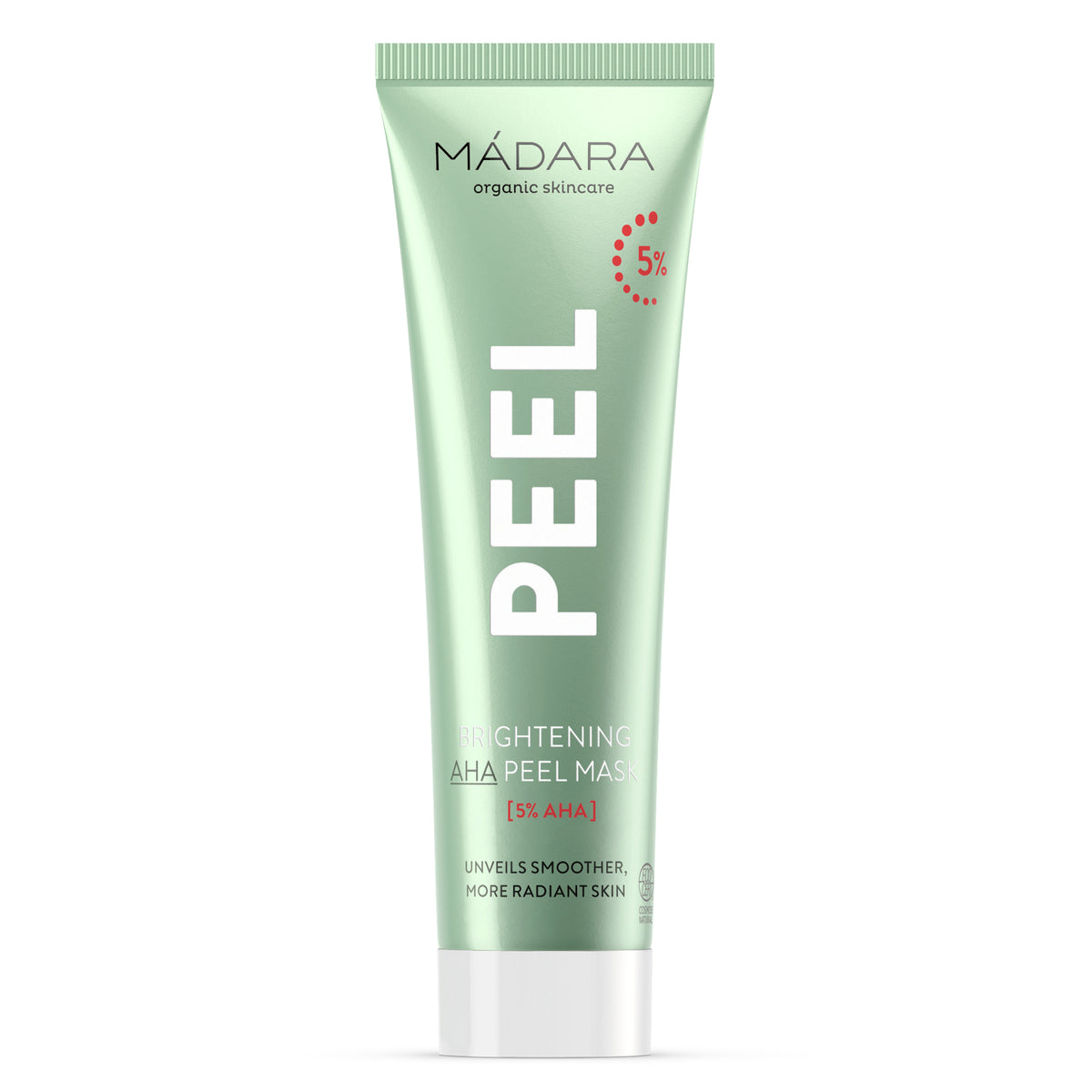 Mádara Peel Brightening AHA Mask, Gesichtsmaske in einer hellgrünen Tube mit weißem Schraubverschluss.