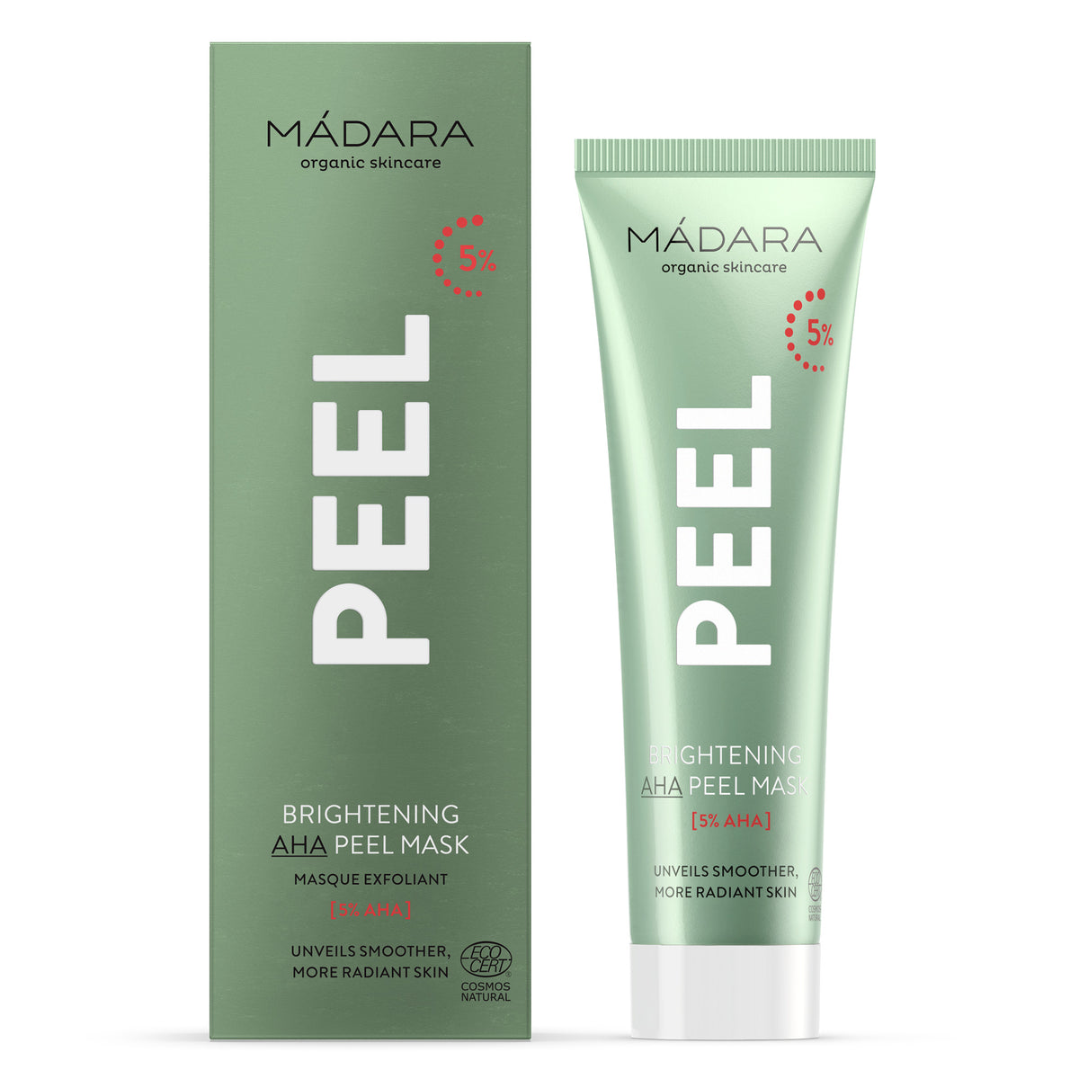 Mádara Peel Brightening AHA Mask, Gesichtsmaske in grüner Tube und grüner Kartonverpackung.