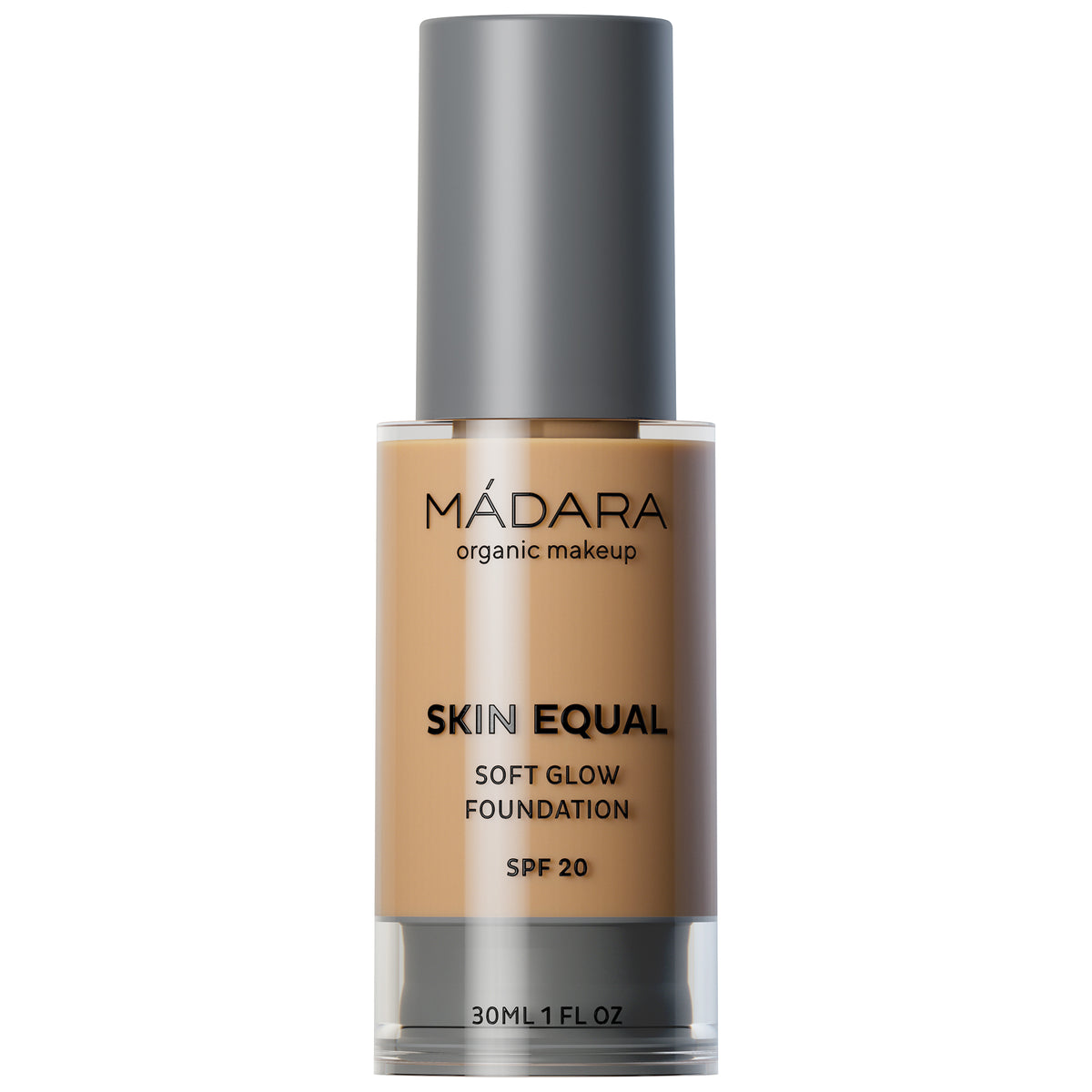 MÁDARA Skin Equal Soft Glow foundation in a bottle with a grey cap, 30 ml.