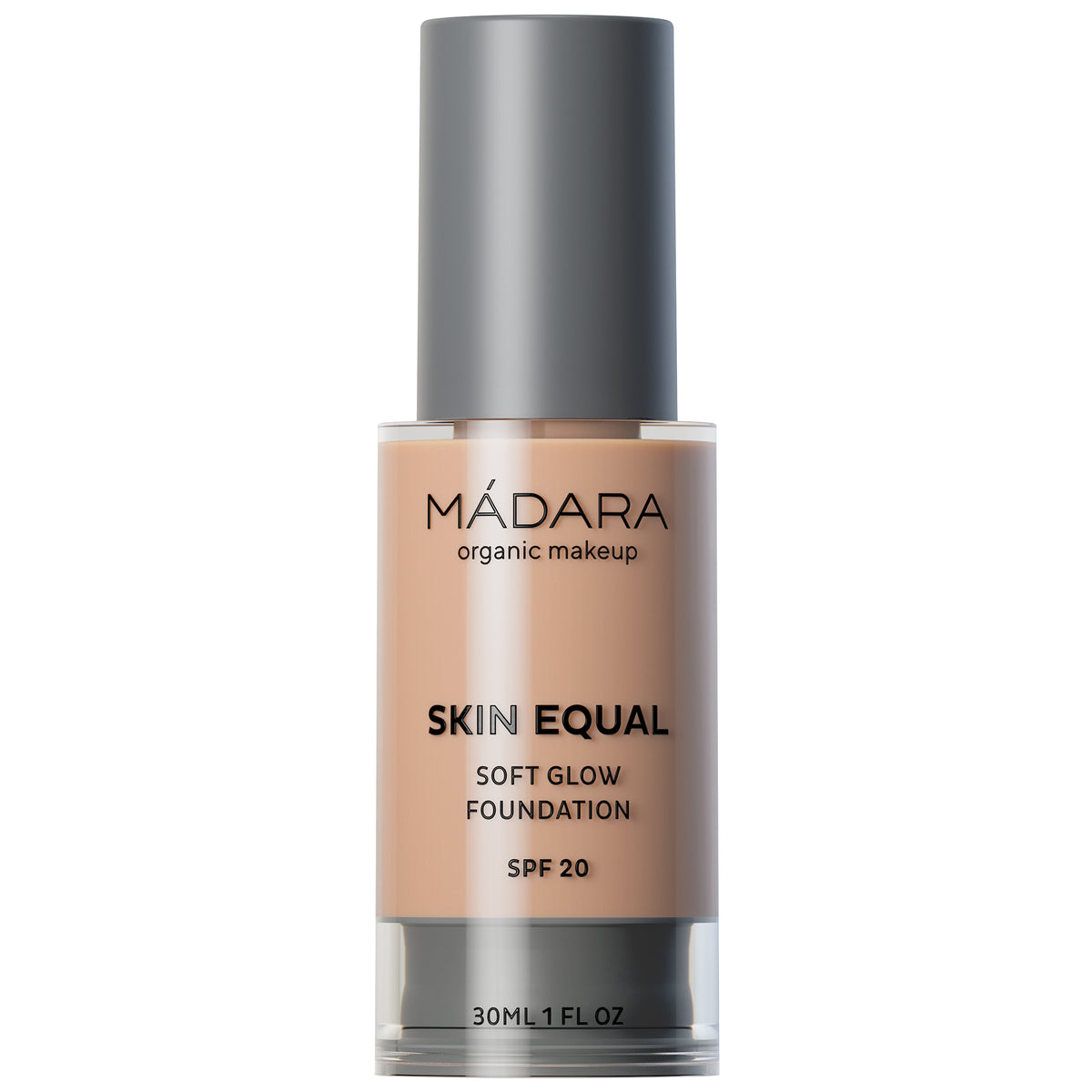 MÁDARA Skin Equal Soft Glow Foundation in einer Flasche mit grauem Verschluss, 30 ml hell