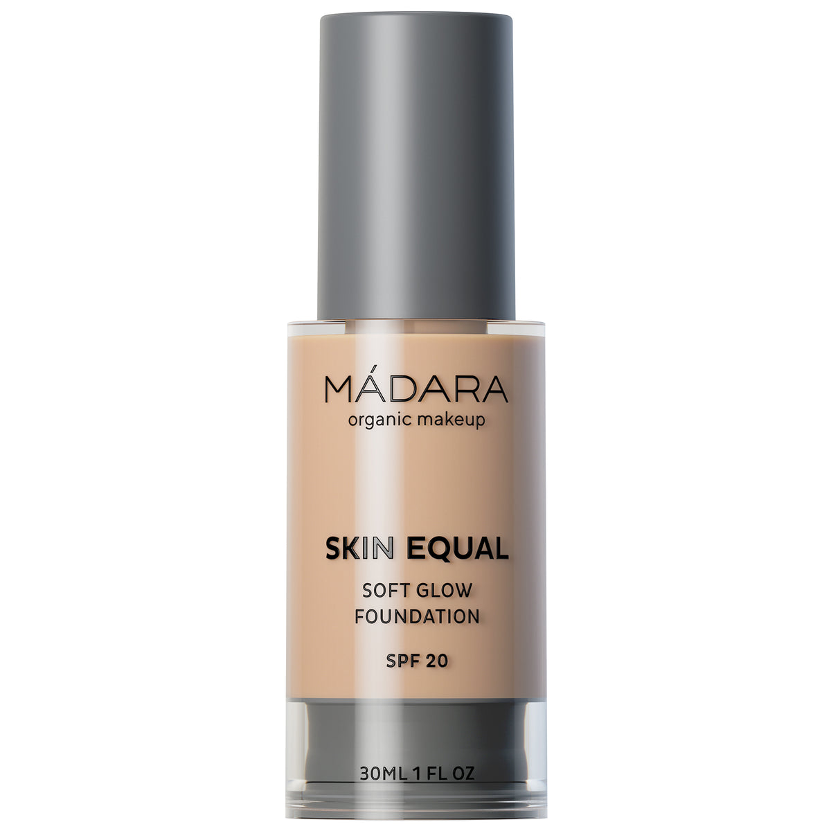 MÁDARA Skin Equal Soft Glow Foundation in einer Flasche mit grauem Verschluss, 30ml, hell