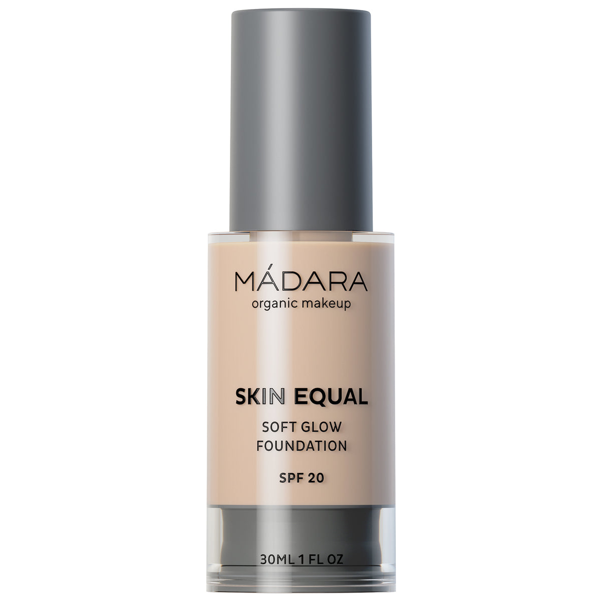 MÁDARA Skin Equal Soft Glow Foundation in einer Flasche mit grauem Verschluss, 30 ml.