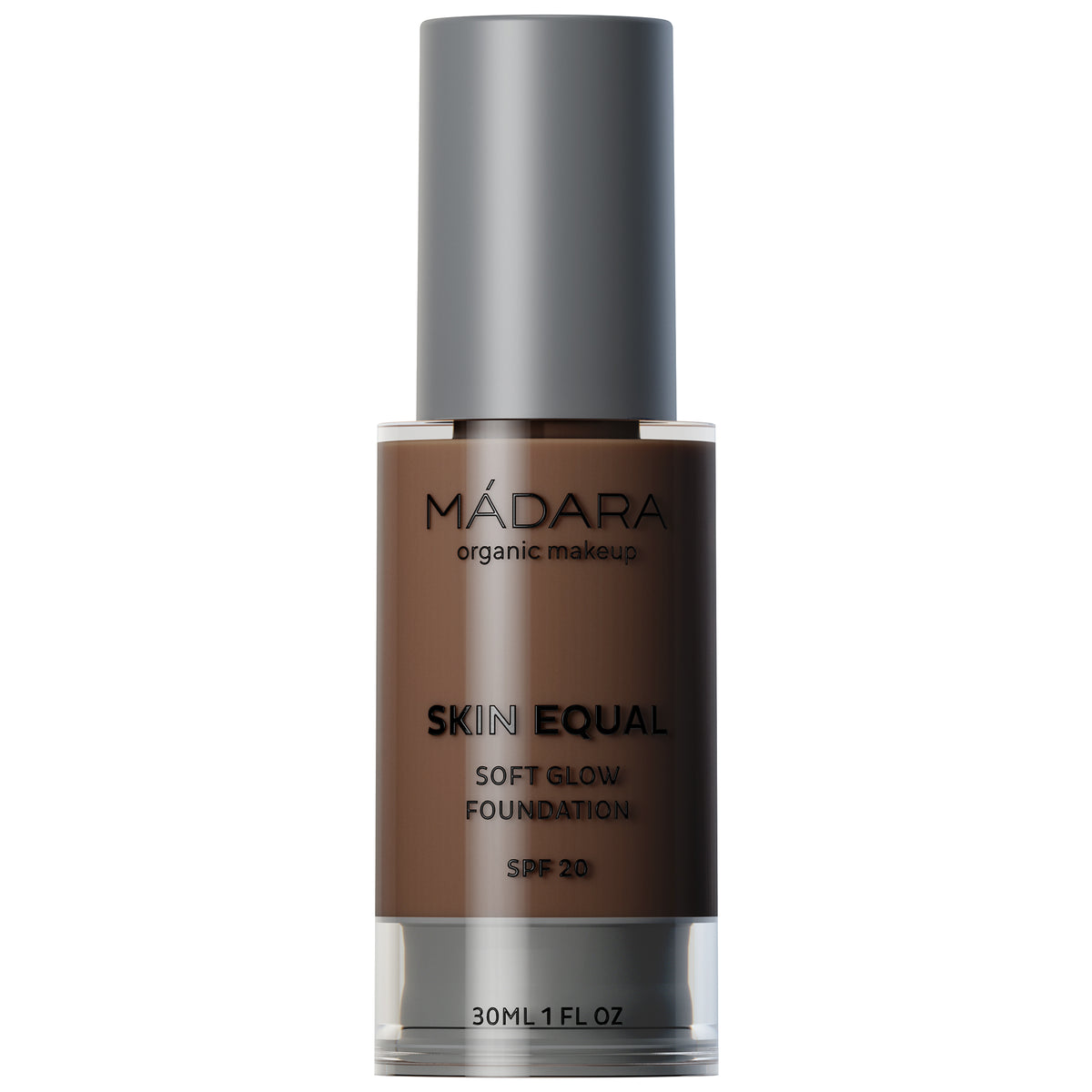 MÁDARA Skin Equal Soft Glow Foundation in einer Flasche mit grauem Verschluss, 30 ml.
