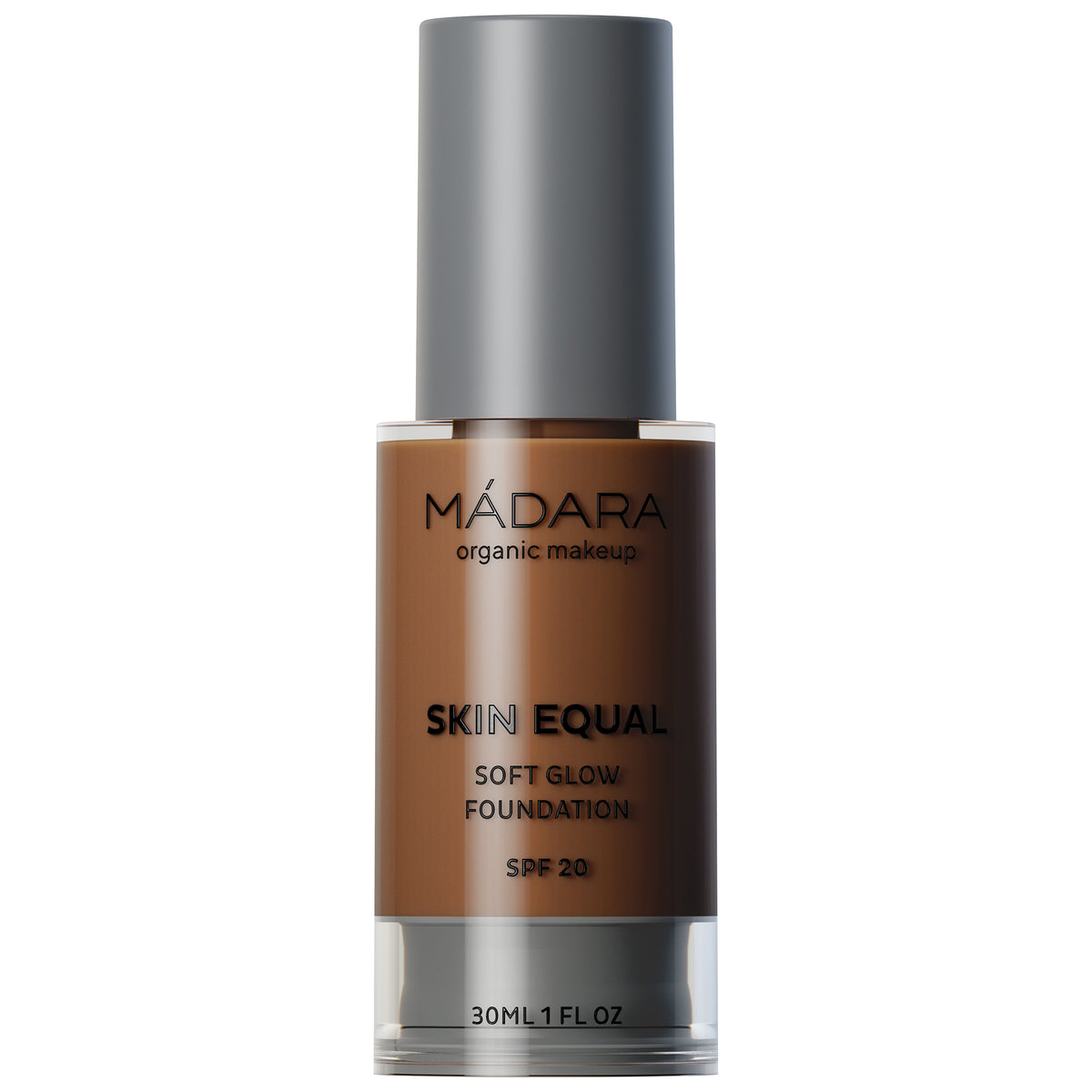 MÁDARA Skin Equal Soft Glow Foundation in einer Flasche mit grauem Verschluss, 30 ml.
