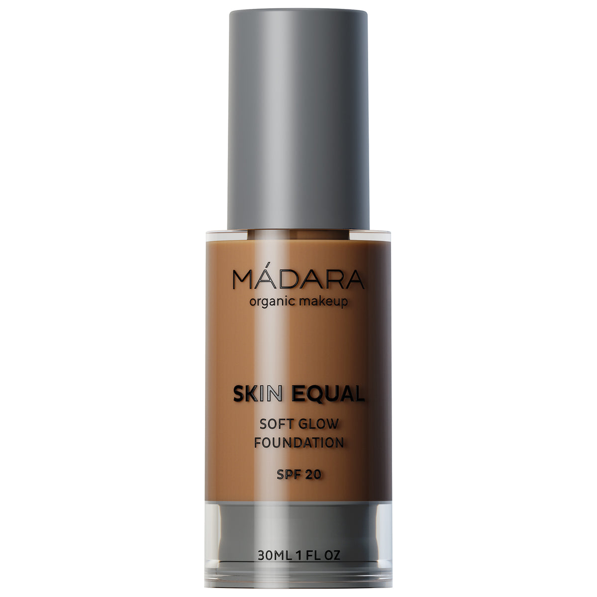 MÁDARA Skin Equal Soft Glow Foundation in einer Flasche mit grauem Verschluss, 30 ml.