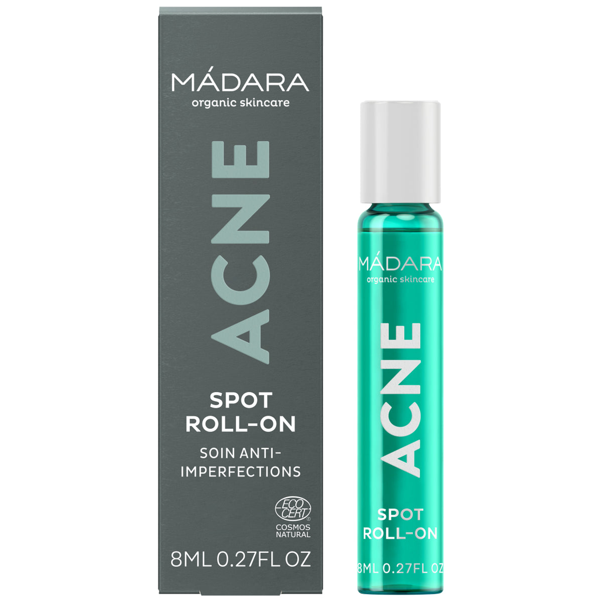 Mádara Acne Acute Spot Roll-on in a green glass bottle with white closure and grey cardboard packaging, 8 ml.